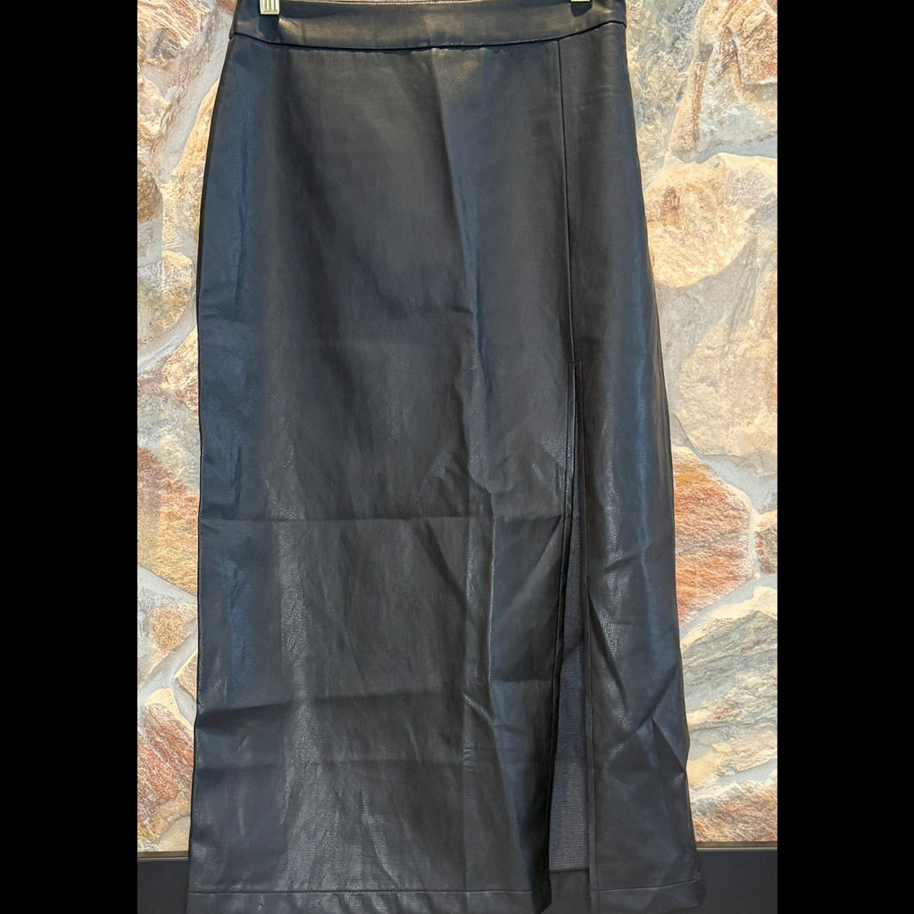 Lucy Paris Black Faux Leather Midi Skirt with High Slit- Size Small