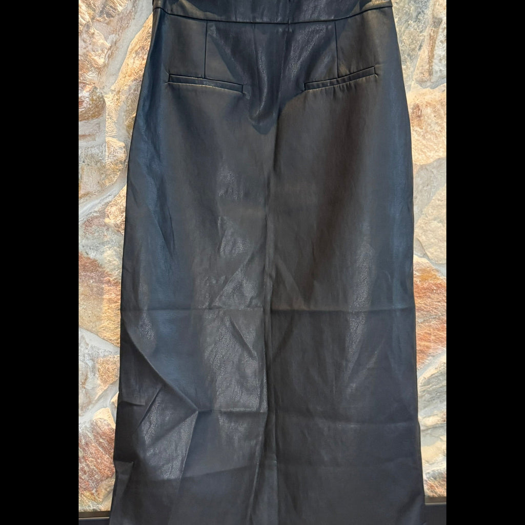 Lucy Paris Black Faux Leather Midi Skirt with High Slit- Size Small