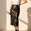 Lucy Paris Black Faux Leather Midi Skirt with High Slit- Size Small