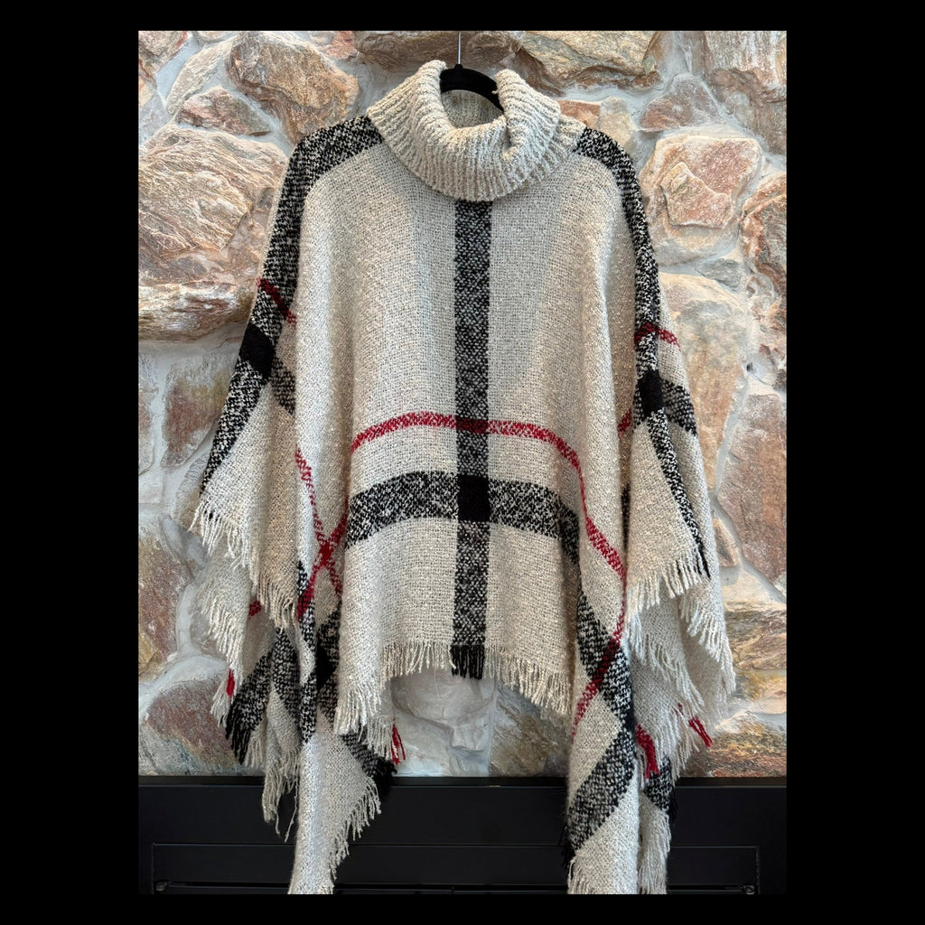 Turtleneck Soft Beige + Plaid Poncho Sweater O/S