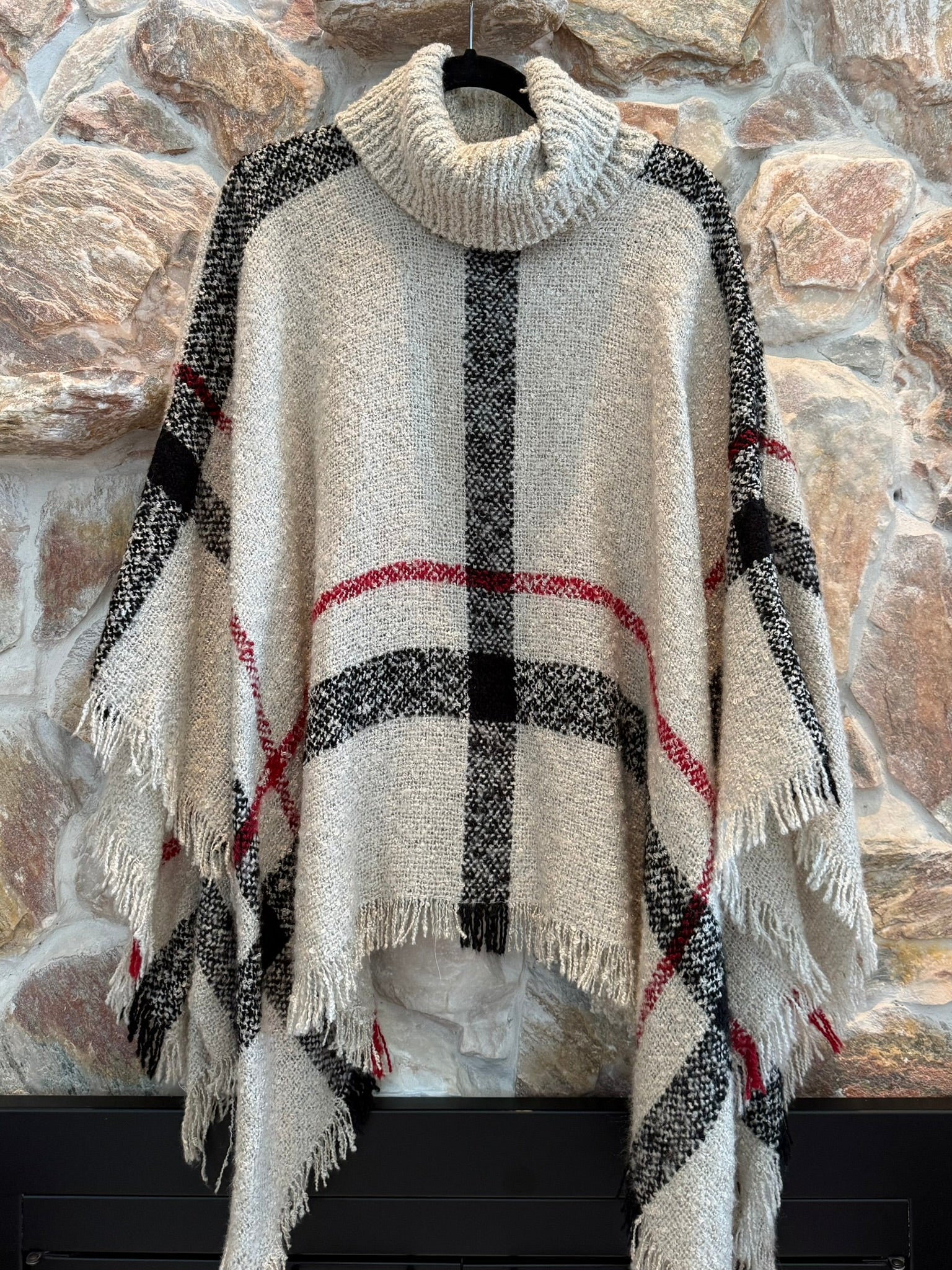 Turtleneck Soft Beige + Plaid Poncho Sweater O/S