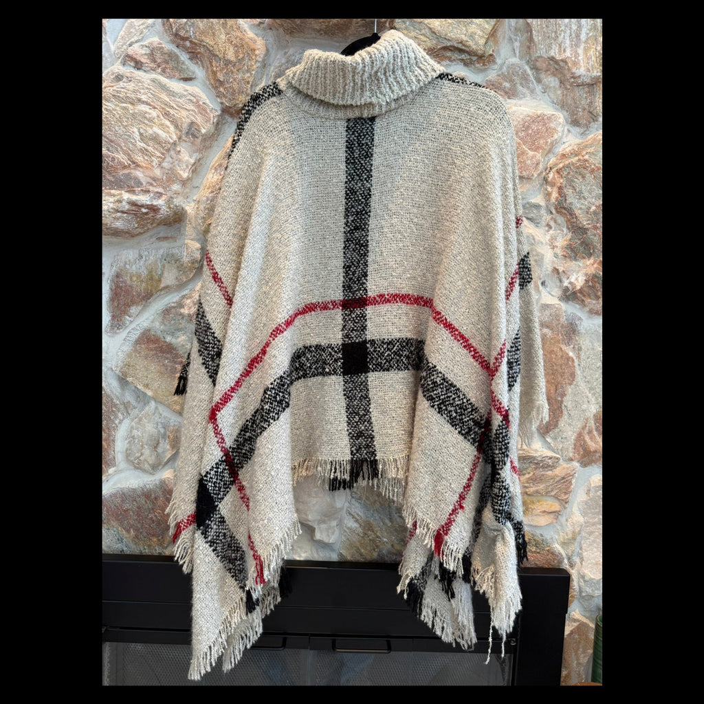 Turtleneck Soft Beige + Plaid Poncho Sweater O/S