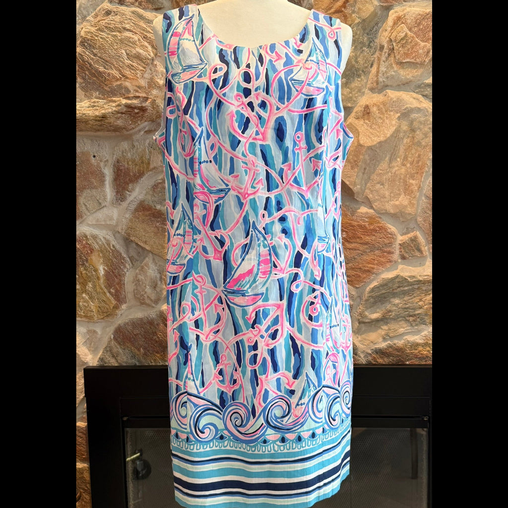 Lilly Pulitzer Mila Stretch Shift Skim Blue Reel Naudi Dress Size 16