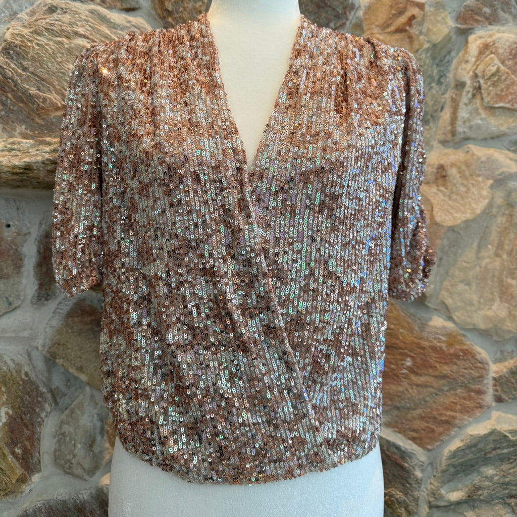 Heartloom Pink Sequin Faux Wrap Top Size Med