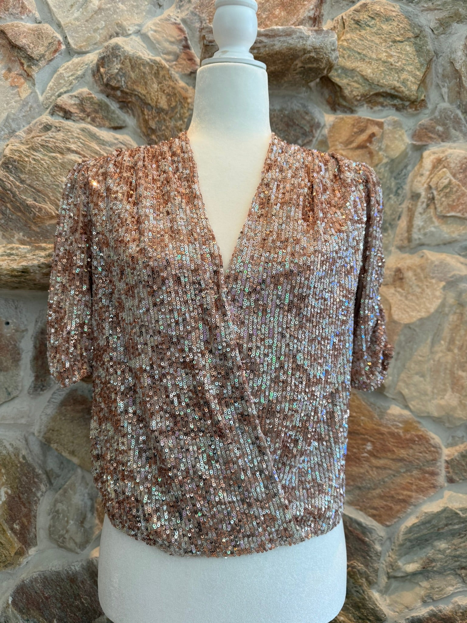Heartloom Pink Sequin Faux Wrap Top Size Med