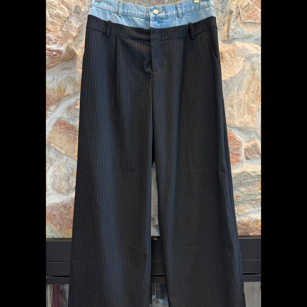 Mimosa Stylish Black Wide Leg Stripe Pants with Denim Detail Size Medium