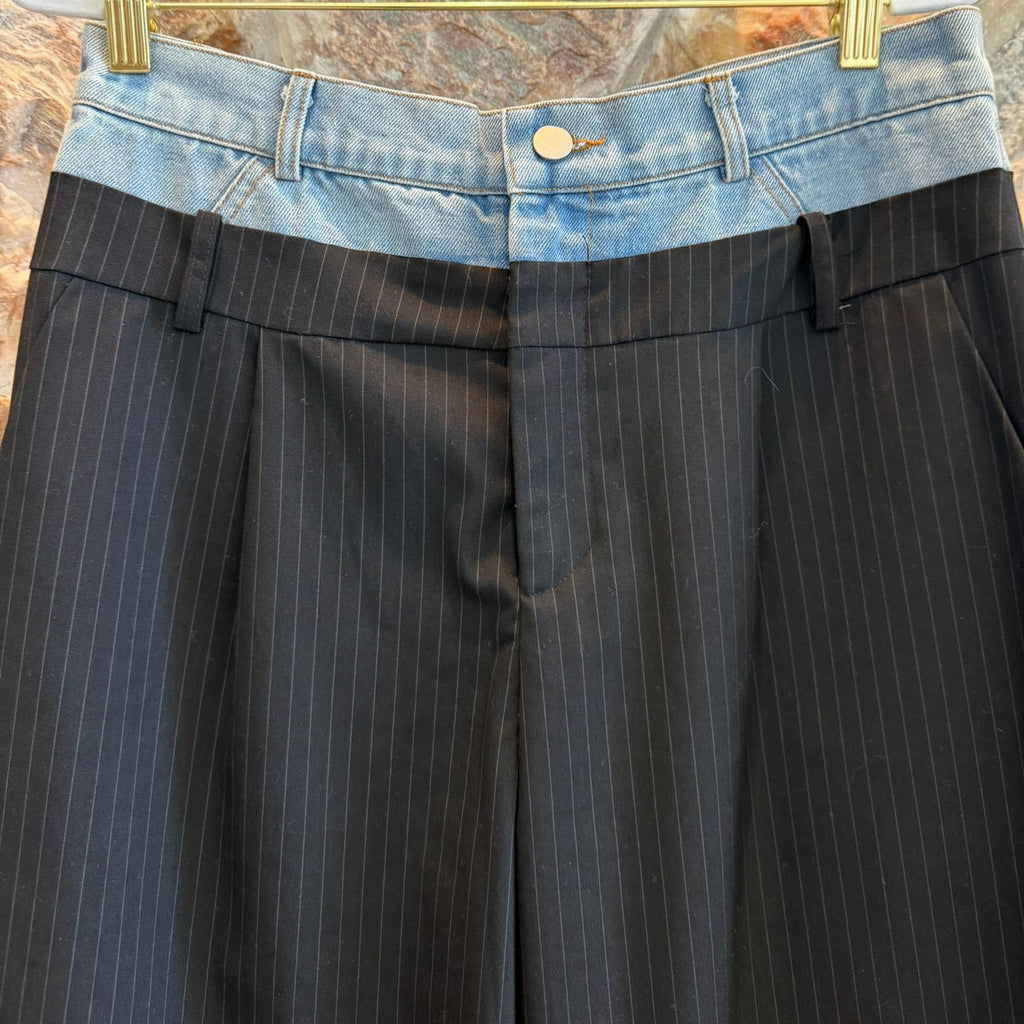 Mimosa Stylish Black Wide Leg Stripe Pants with Denim Detail Size Medium