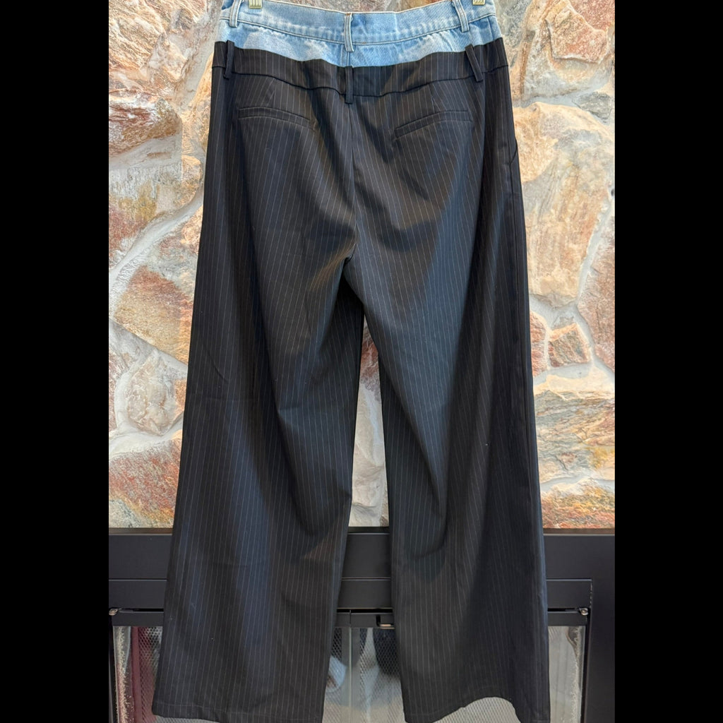 Mimosa Stylish Black Wide Leg Stripe Pants with Denim Detail Size Medium