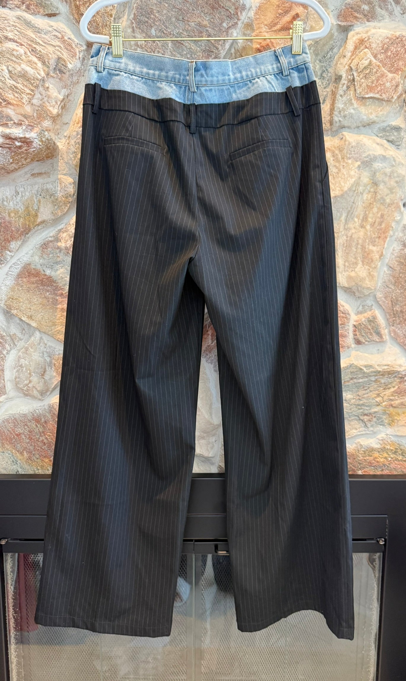 Mimosa Stylish Black Wide Leg Stripe Pants with Denim Detail Size Medium