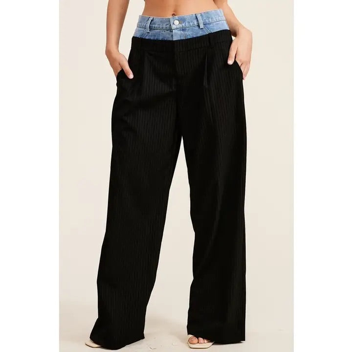 Mimosa Stylish Black Wide Leg Stripe Pants with Denim Detail Size Medium