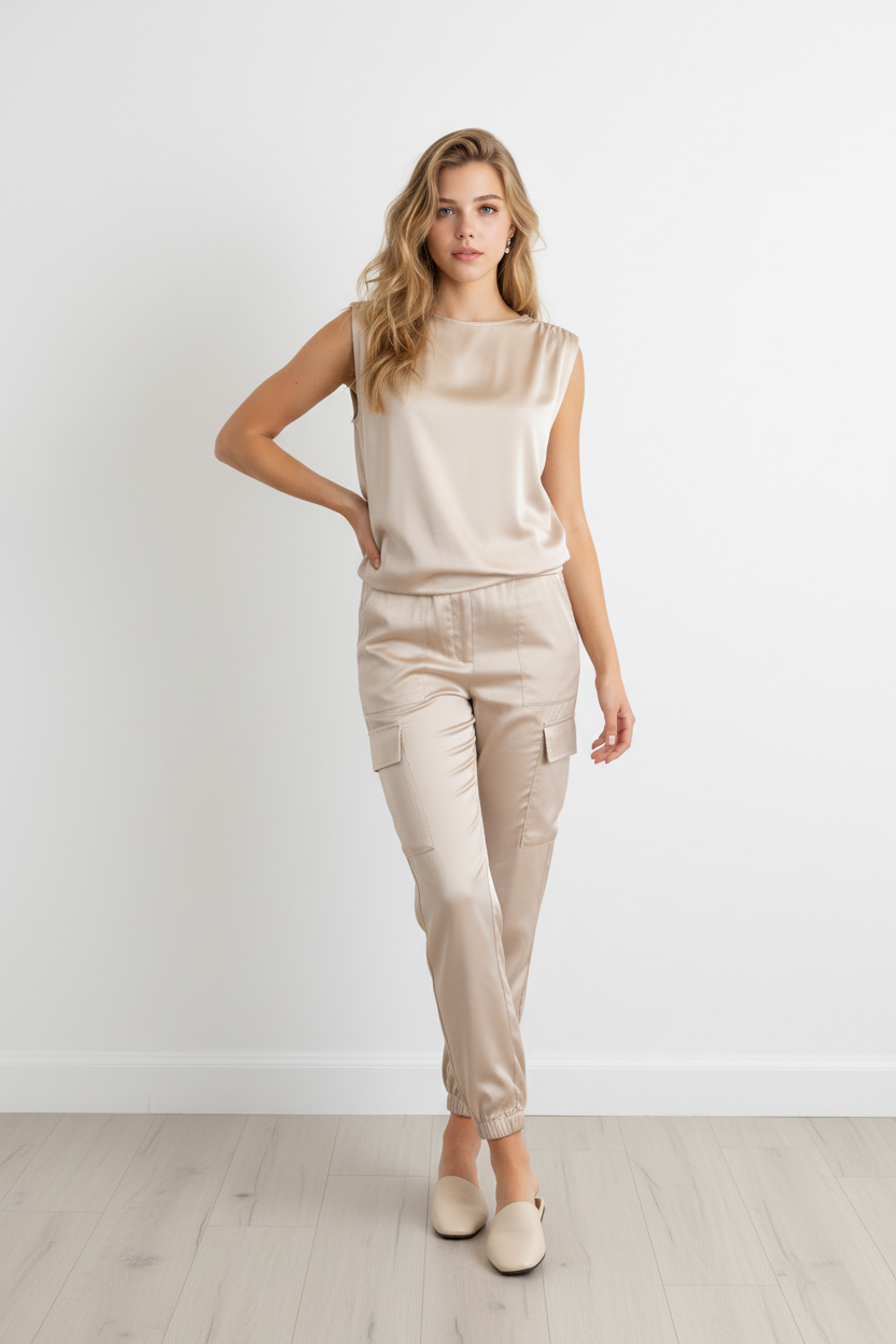 Skies Are Blue Ivory Satin Cargo Joggers Size Medium