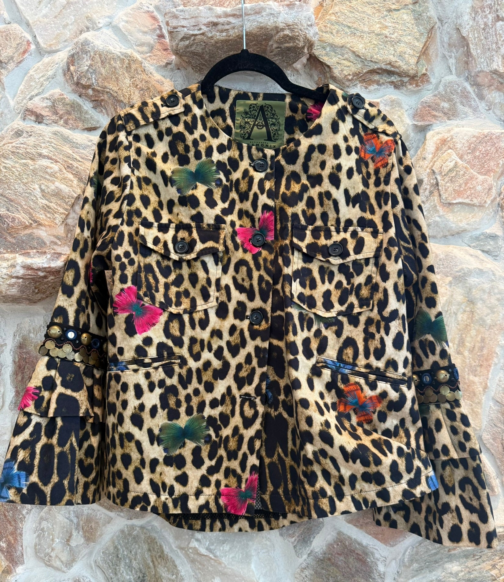 Alessandra Chamonix Leopard Print Butterfly Applique Jacket Size Large