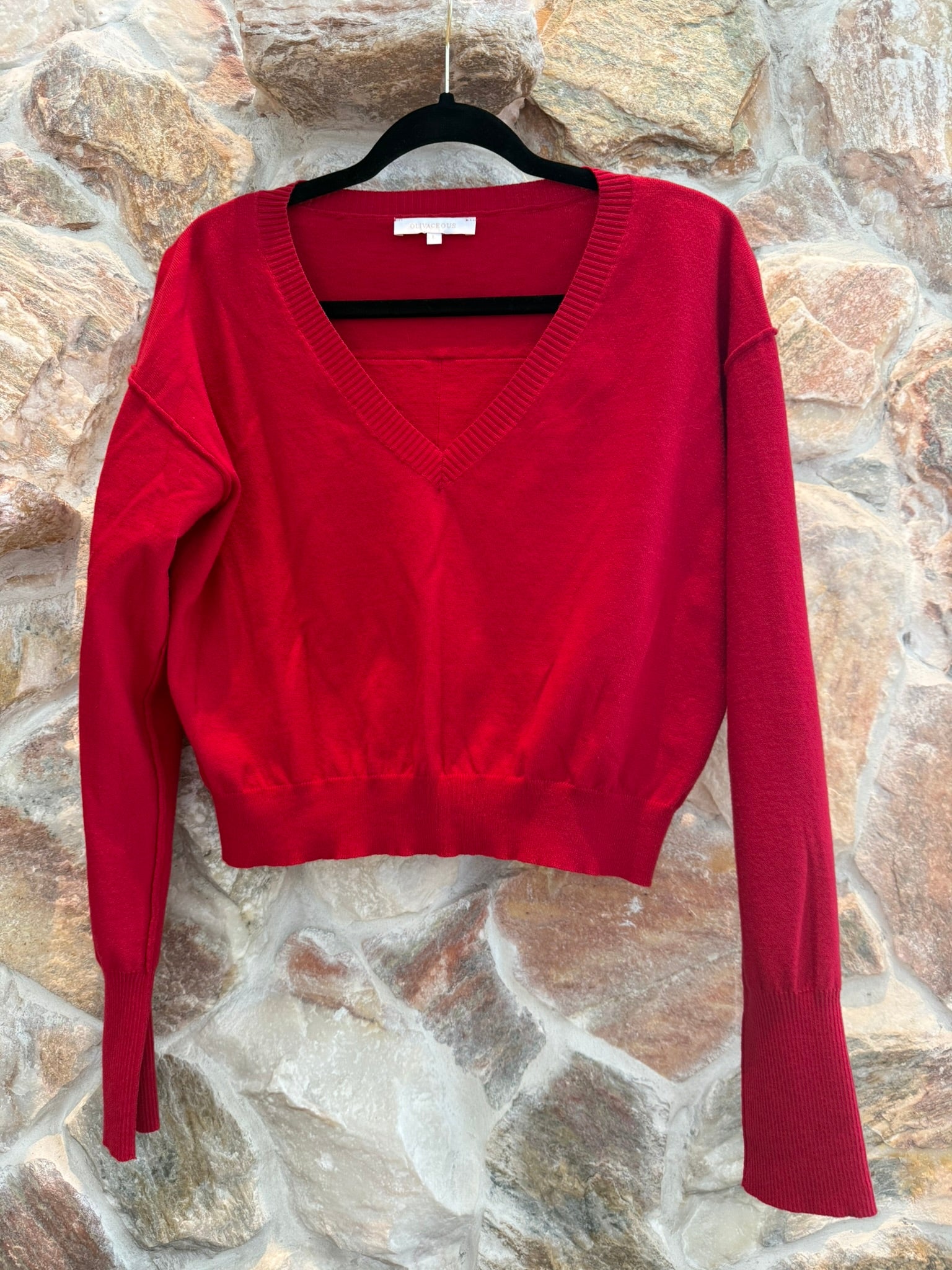 Olivaceous Women's Red Crop Loren V Neck Sweater Size Large