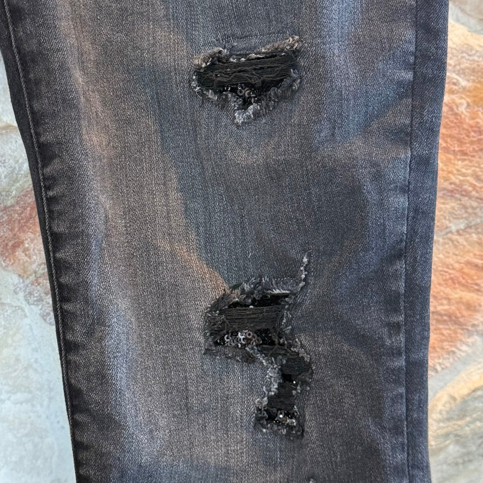 White House Black Market High-Rise Sequin Destructed Skinny Jeans Size 6