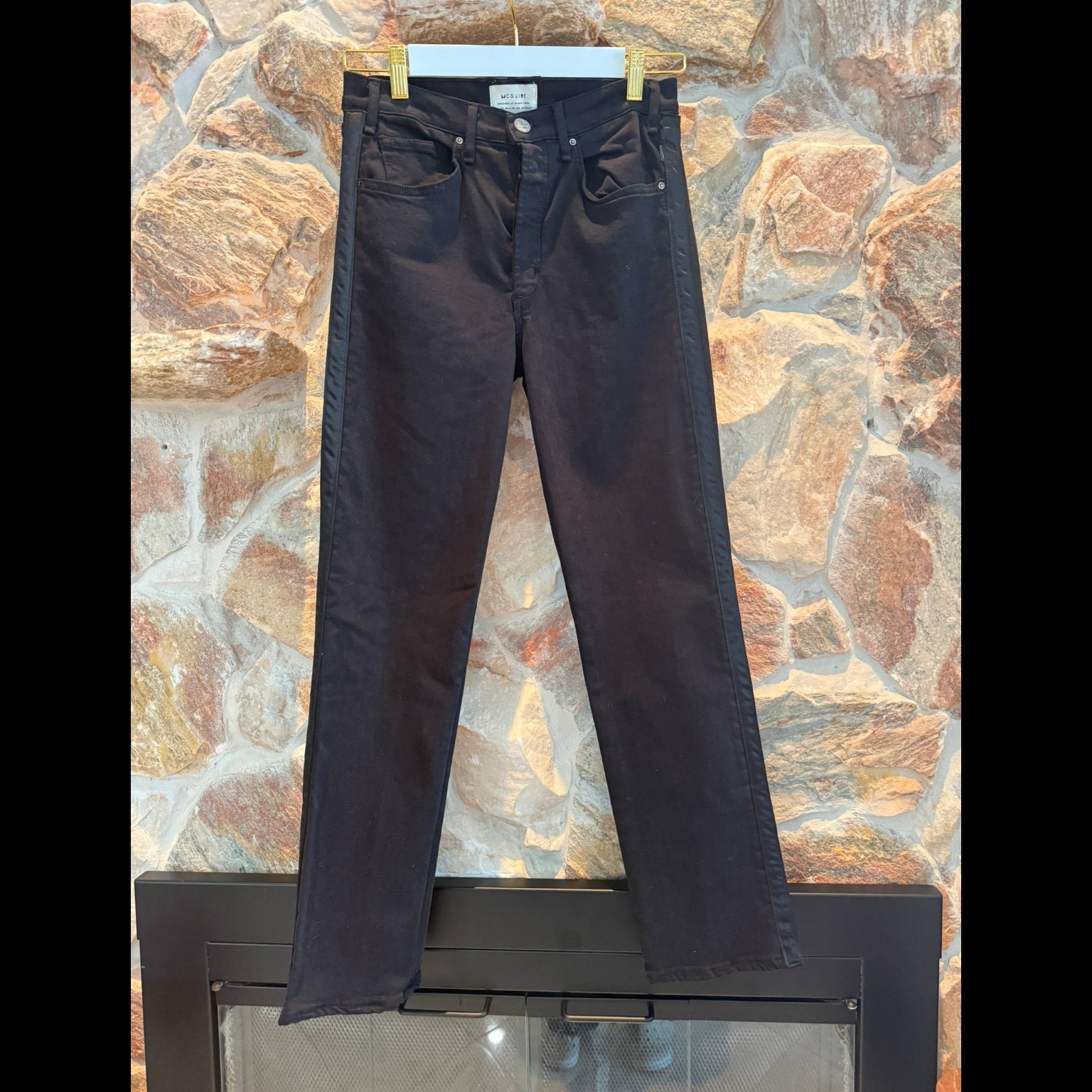 McGuire Denim Satin Tuxedo Stripe Jeans Women's 29 Modern Chic Skinny Black Trim