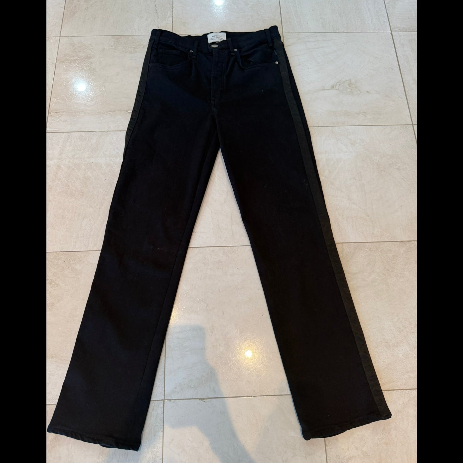 McGuire Denim Satin Tuxedo Stripe Jeans Women's 29 Modern Chic Skinny Black Trim