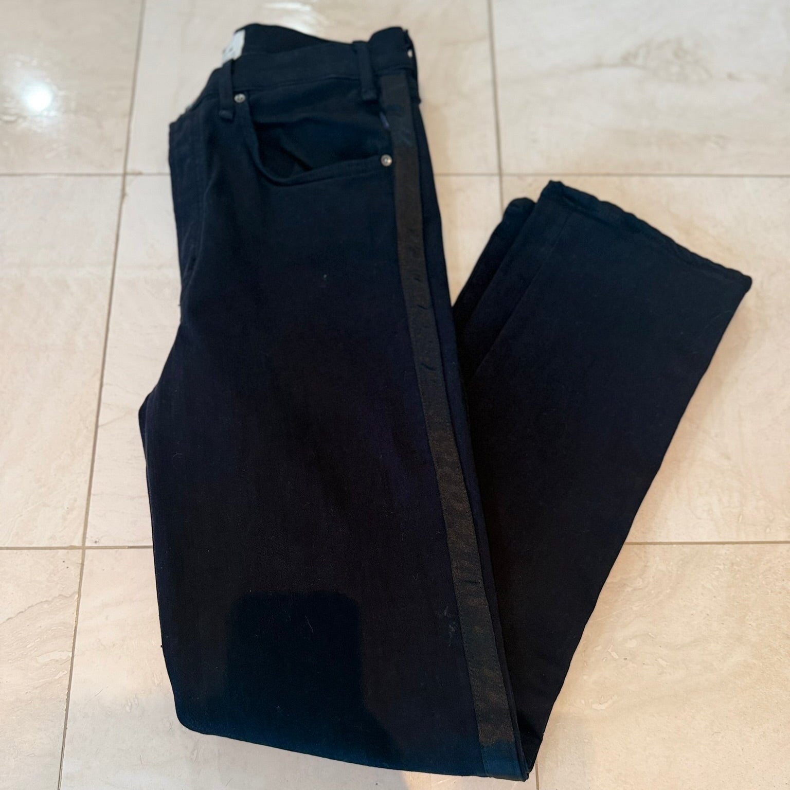 McGuire Denim Satin Tuxedo Stripe Jeans Women's 29 Modern Chic Skinny Black Trim