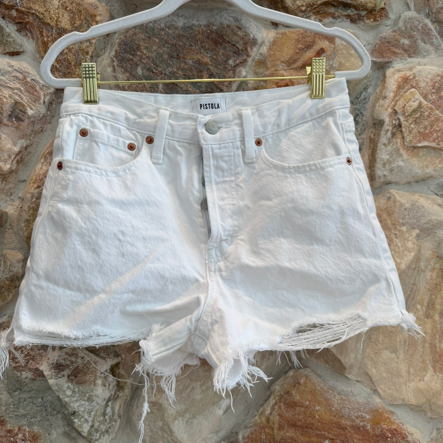 Pistola Women's White Distressed High-Rise Cutoff Denim Mom Shorts Size 26