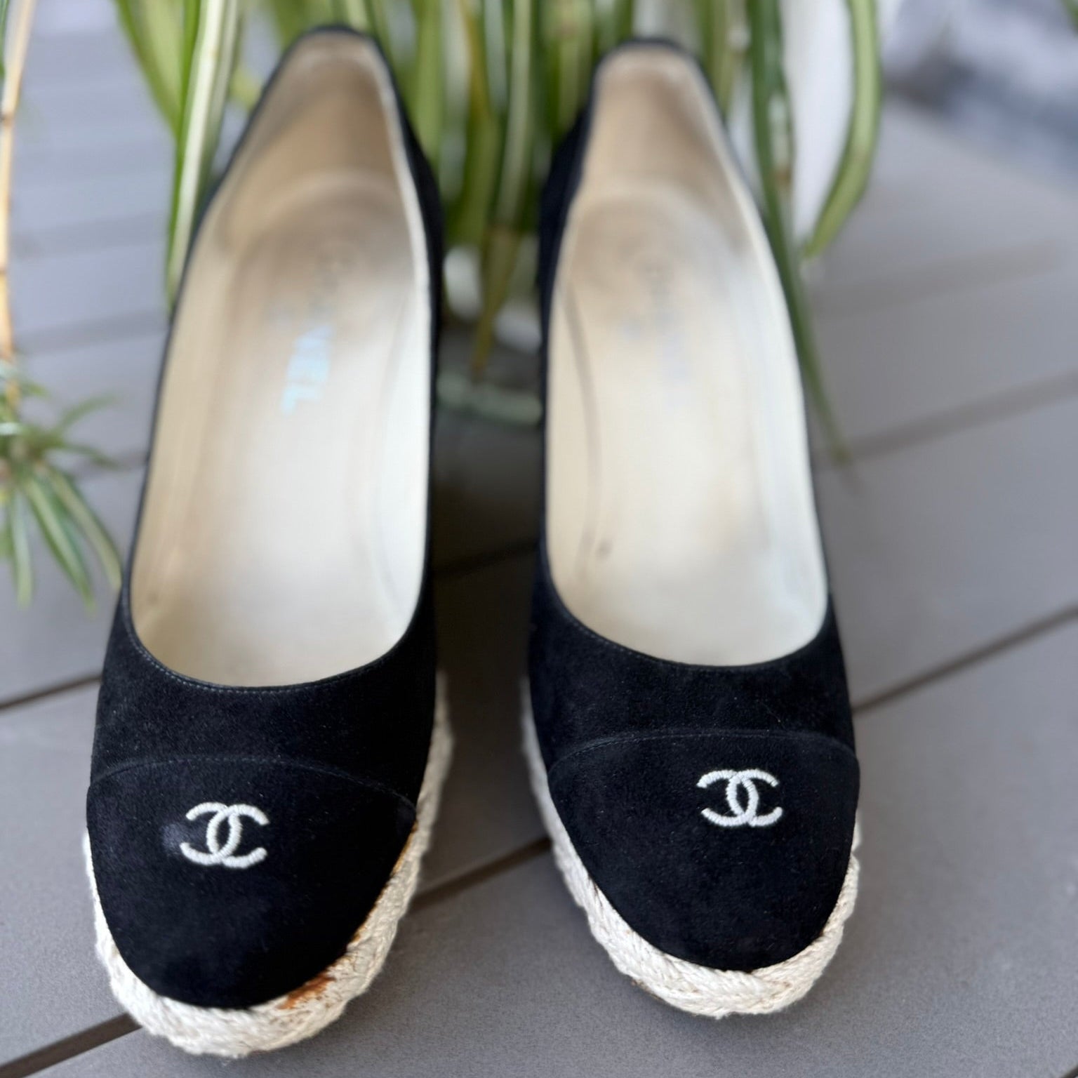 Chanel Black Suede Espadrille Wedge Size 38