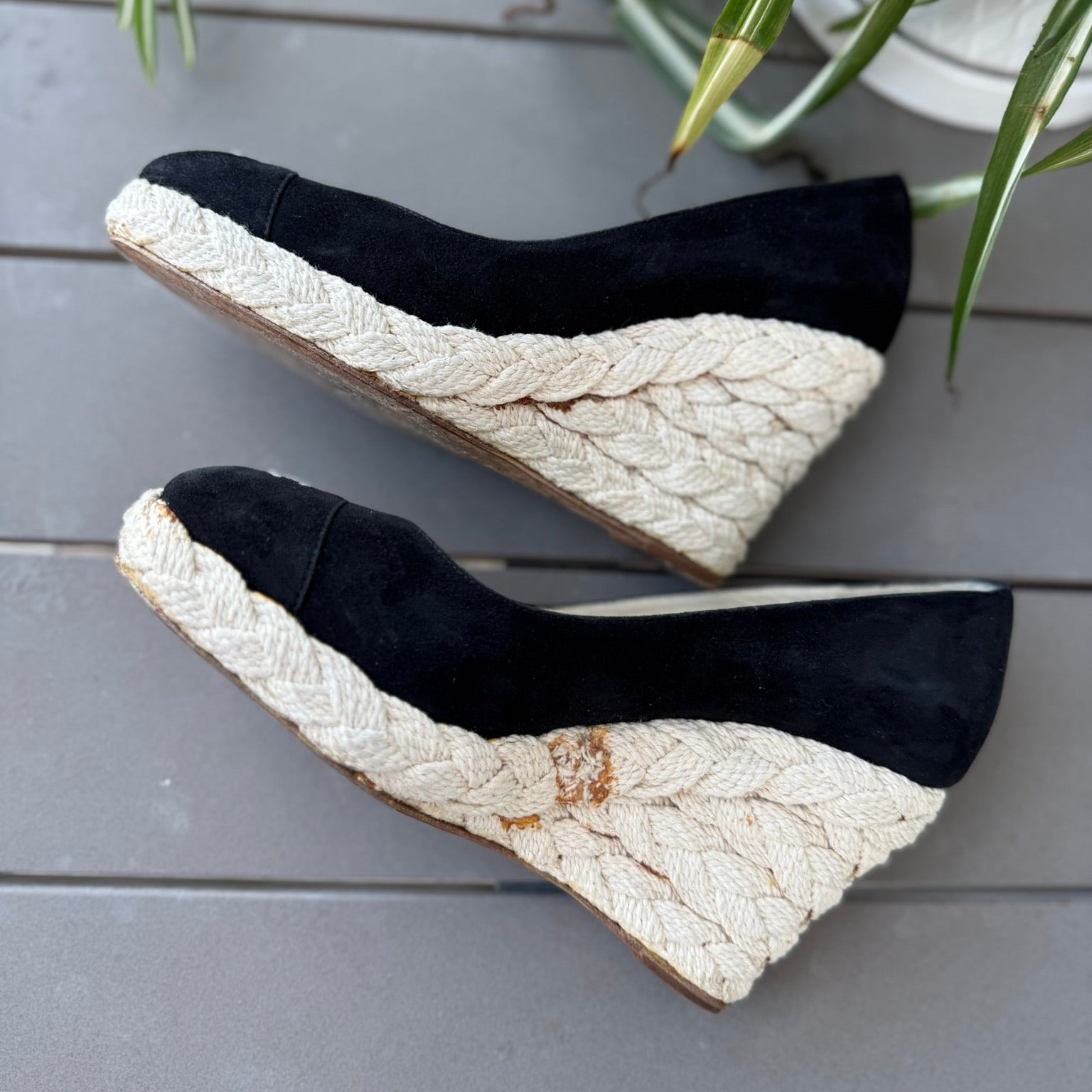 Chanel Black Suede Espadrille Wedge Size 38