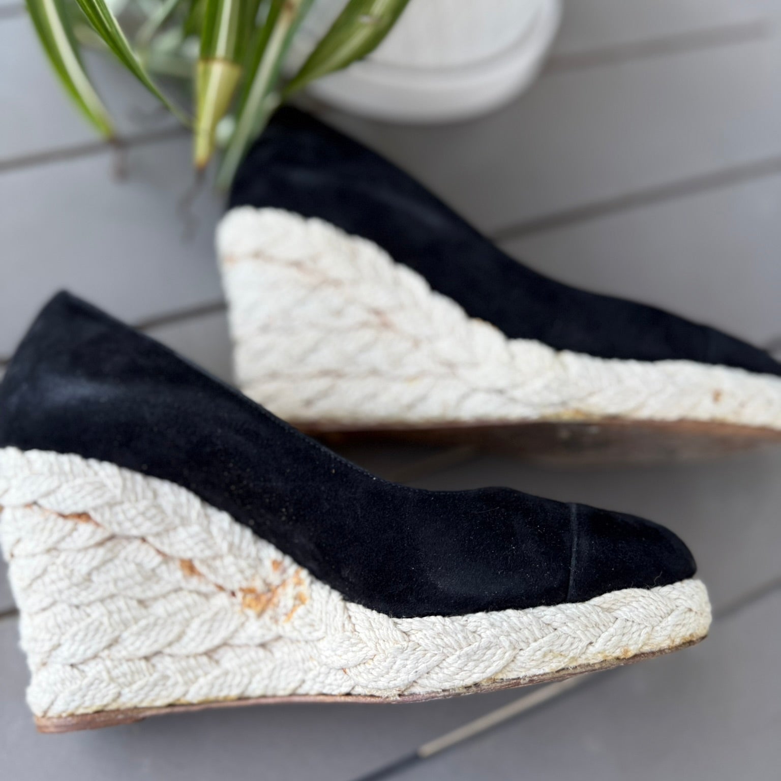 Chanel Black Suede Espadrille Wedge Size 38