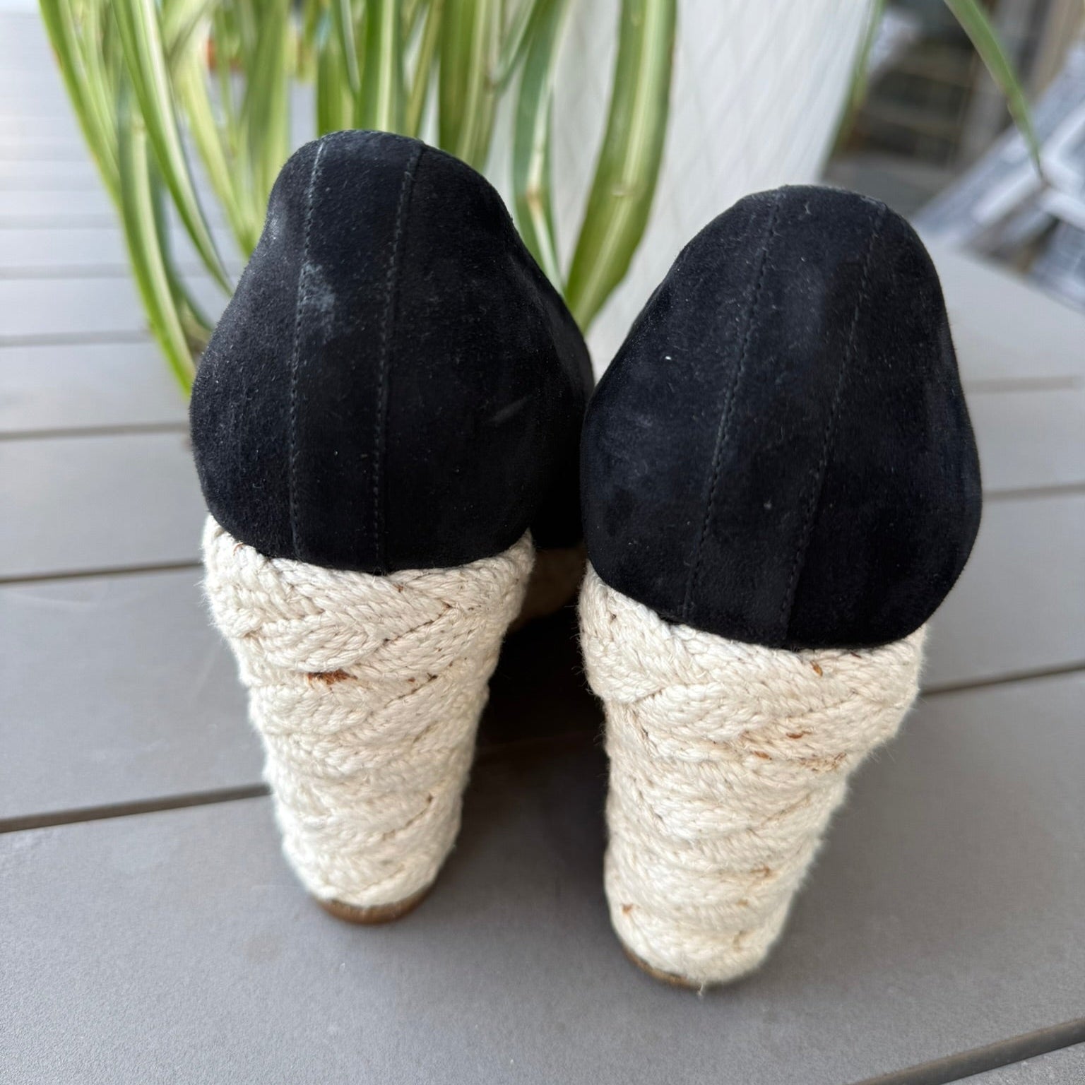 Chanel Black Suede Espadrille Wedge Size 38