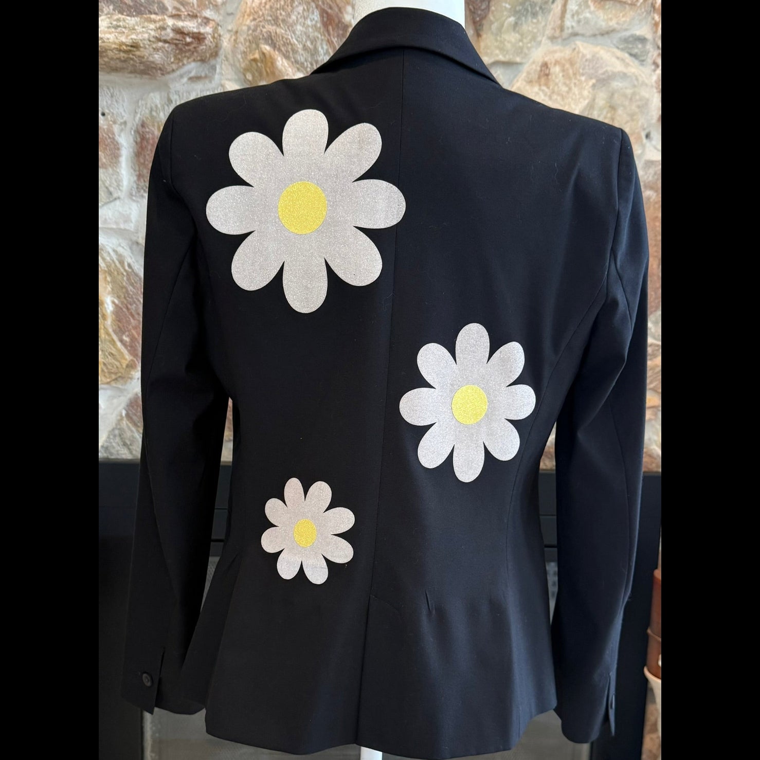 Hipchik Couture Black Blazer with Glittery Daisy Floral Patches Size Medium