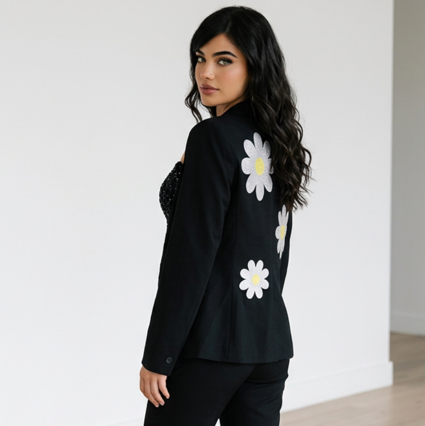 Hipchik Couture Black Blazer with Glittery Daisy Floral Patches Size Medium