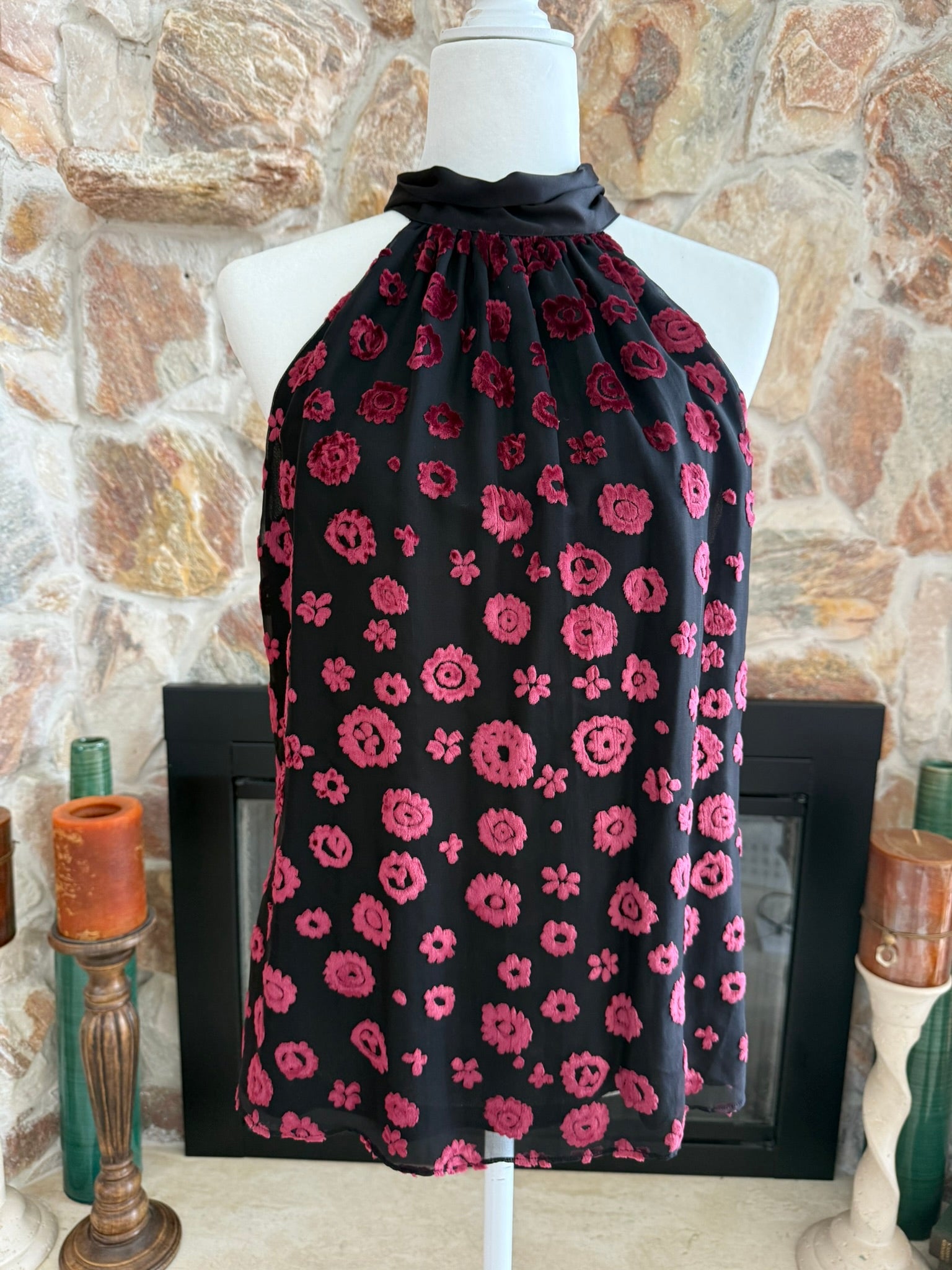 Ramy Brook Lori High Neck Top Black with Pink Velvet print Size Small