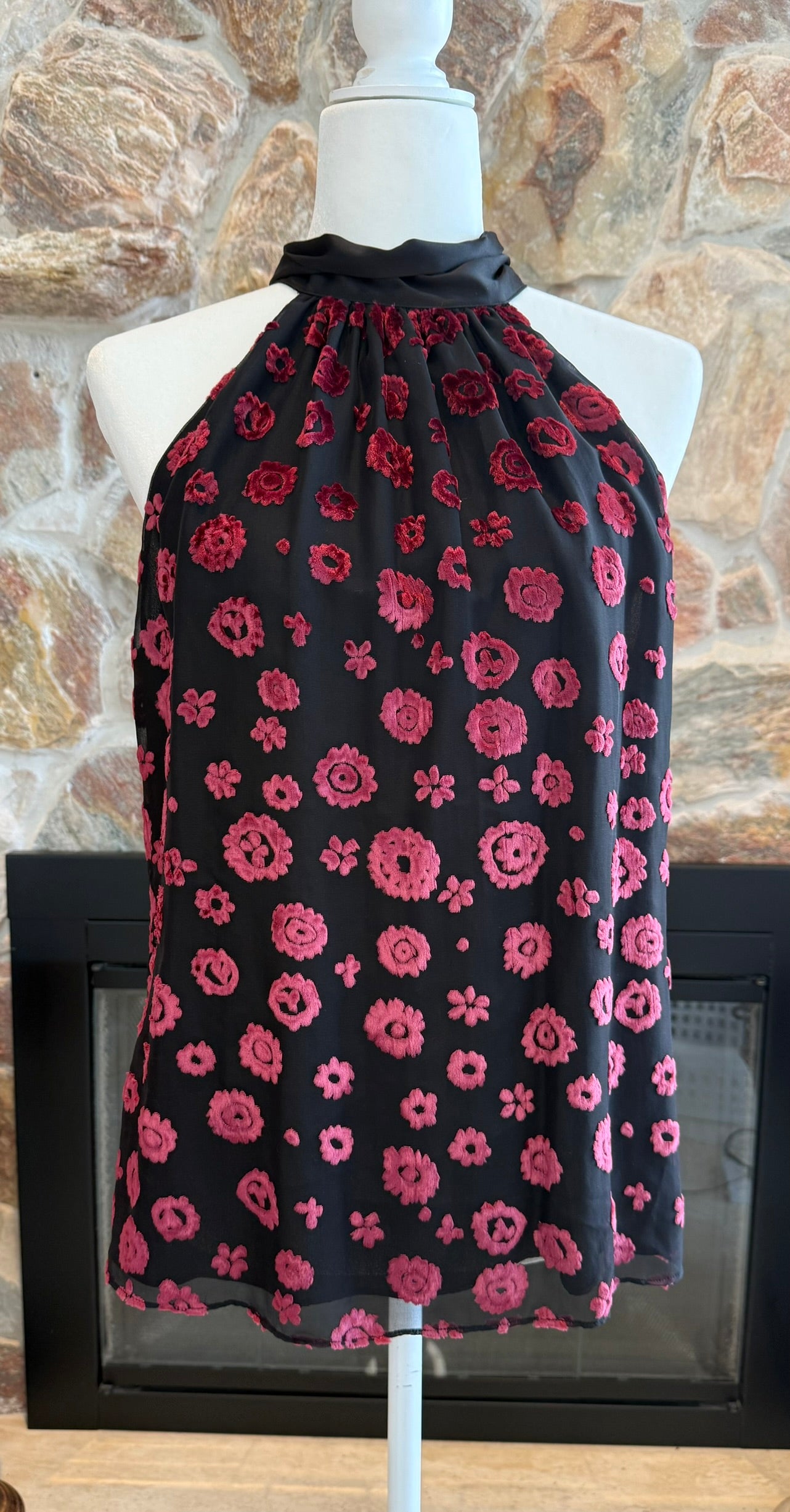 Ramy Brook Lori High Neck Top Black with Pink Velvet print Size Small