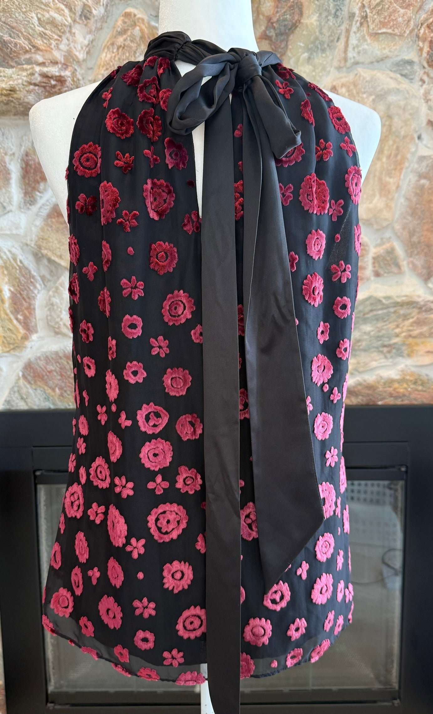 Ramy Brook Lori High Neck Top Black with Pink Velvet print Size Small