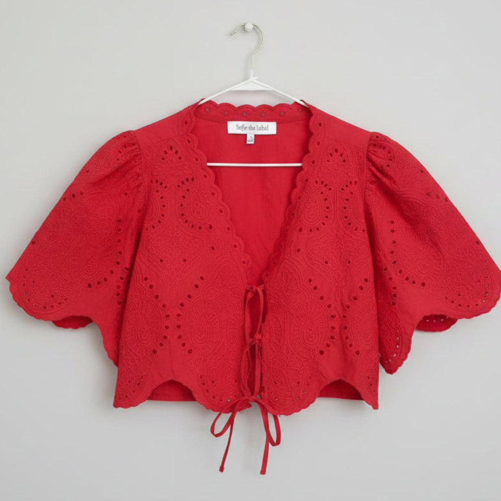 Sofie The Label Red Eyelet Puff Sleeve Tie-Front Top Size Small