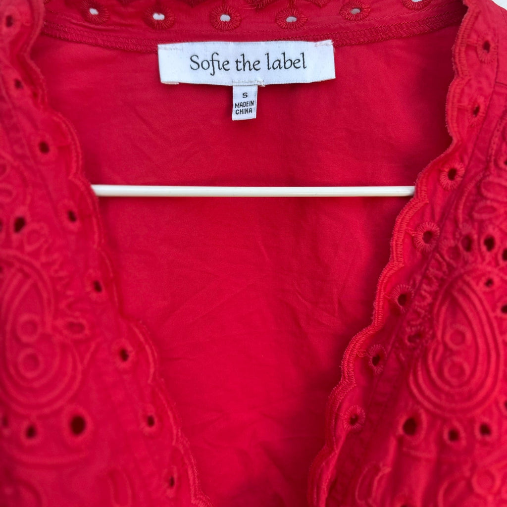 Sofie The Label Red Eyelet Puff Sleeve Tie-Front Top Size Small