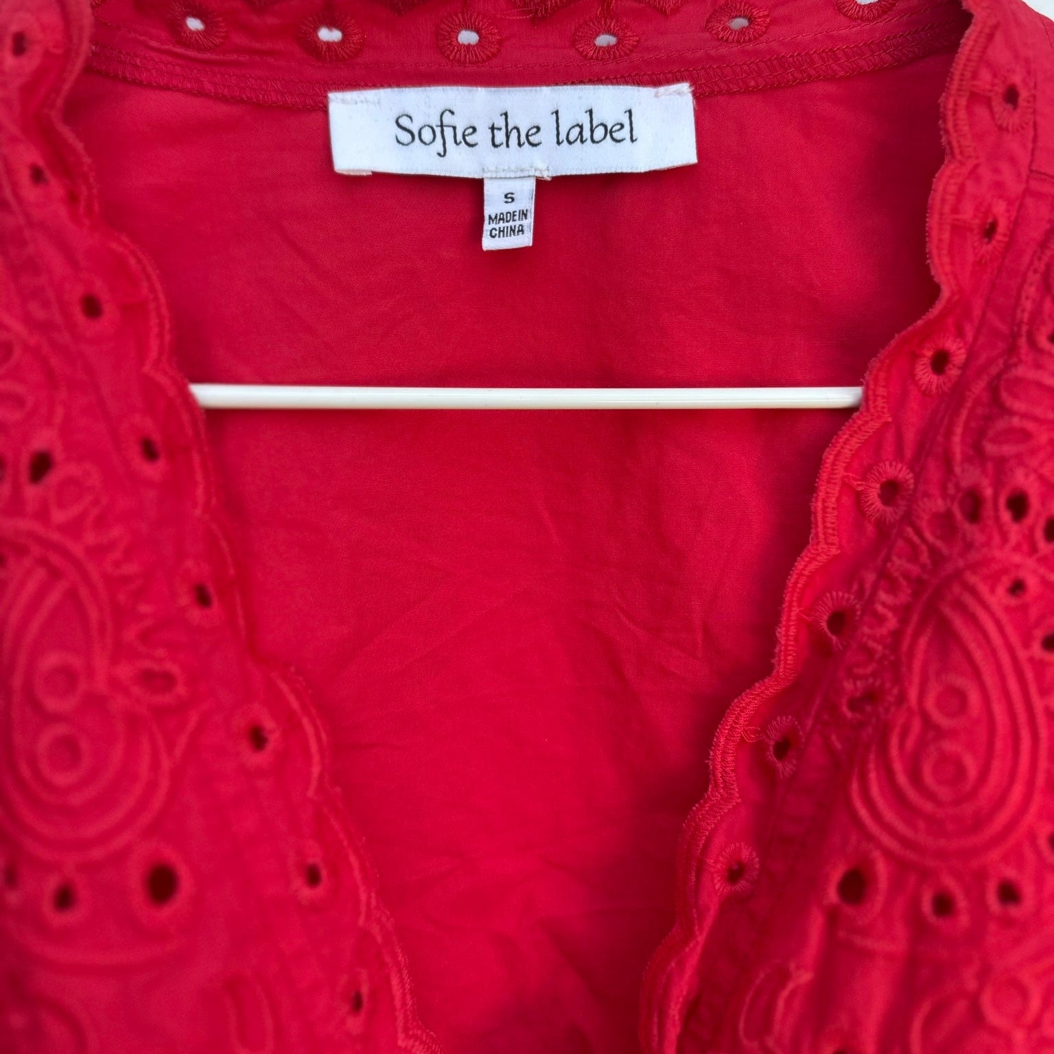 Sofie The Label Red Eyelet Puff Sleeve Tie-Front Top Size Small
