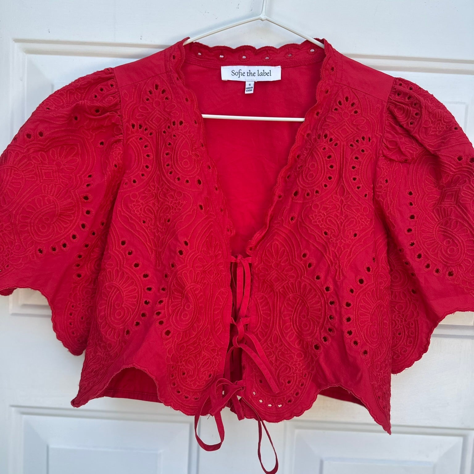 Sofie The Label Red Eyelet Puff Sleeve Tie-Front Top Size Small