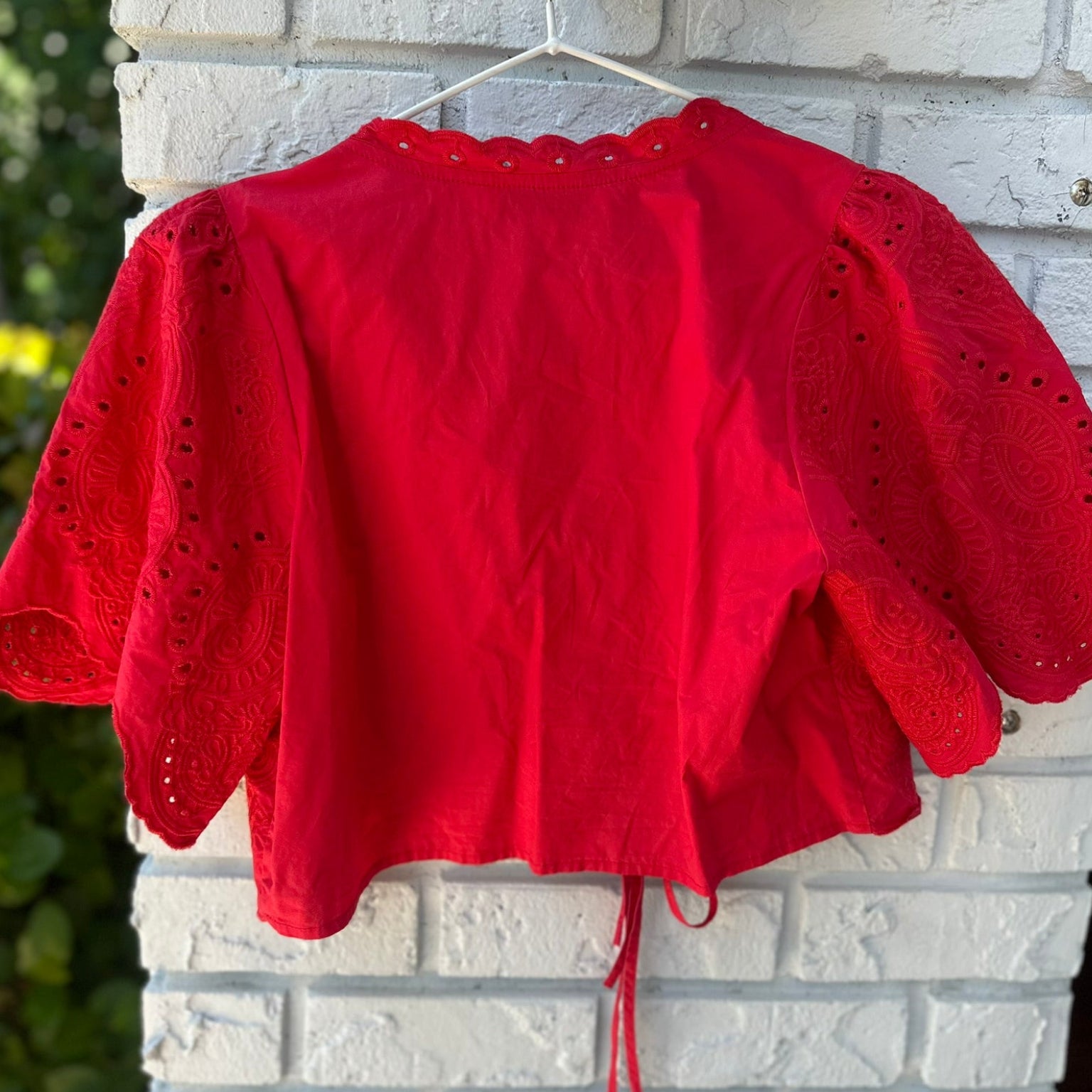 Sofie The Label Red Eyelet Puff Sleeve Tie-Front Top Size Small