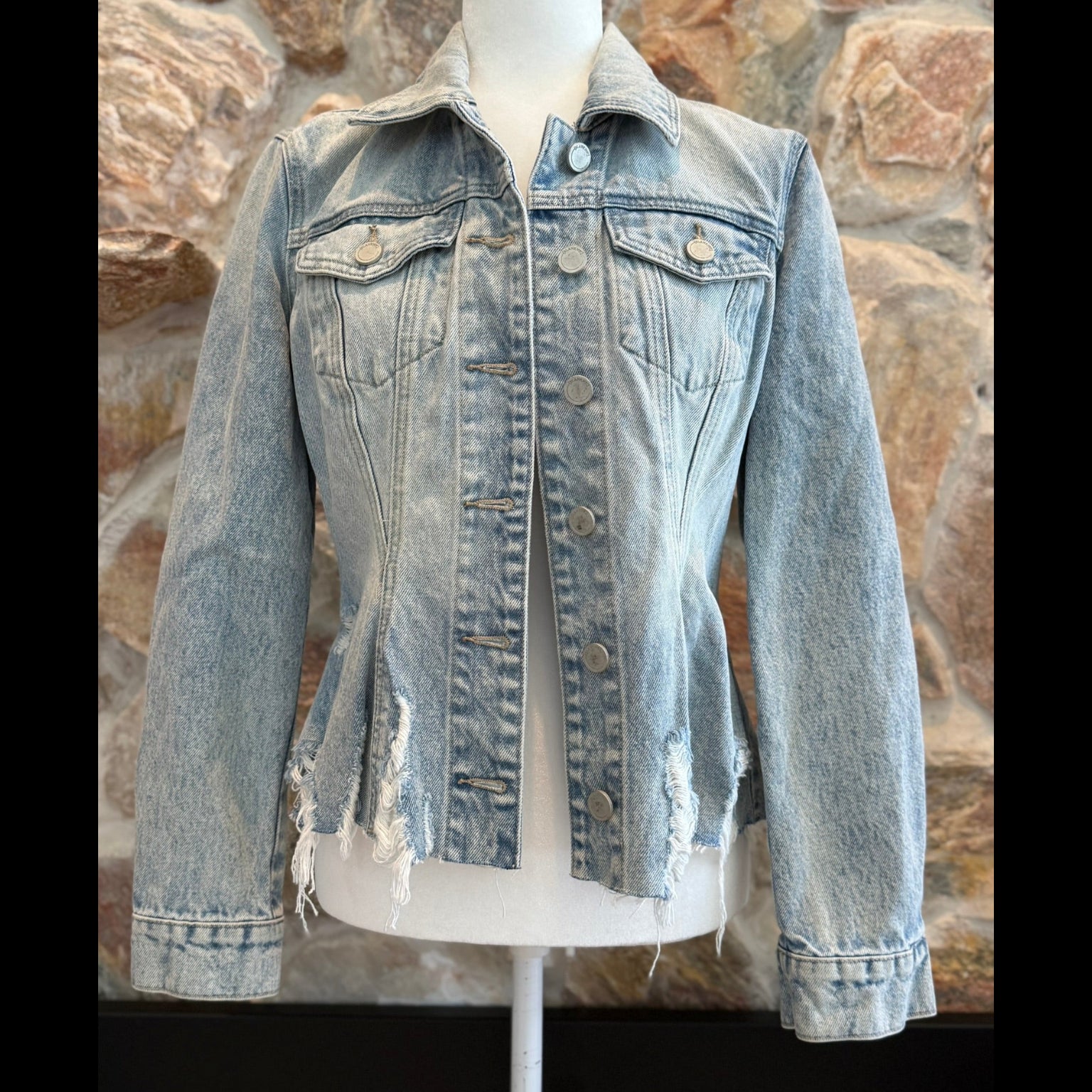 Blank NYC Distressed Peplum Denim Jacket Size Small