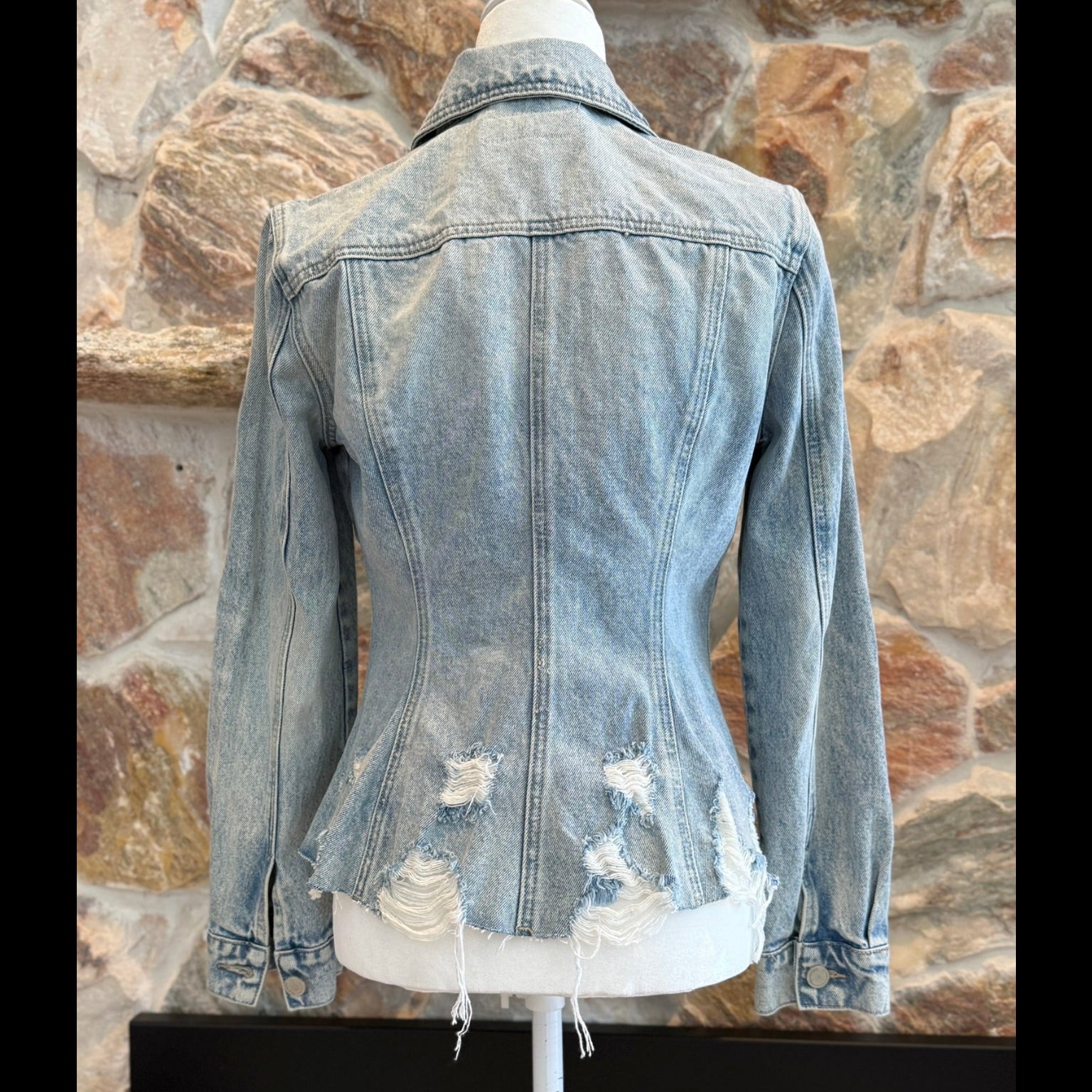 Blank NYC Distressed Peplum Denim Jacket Size Small