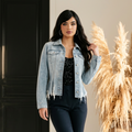 Blank NYC Distressed Peplum Denim Jacket Size Small