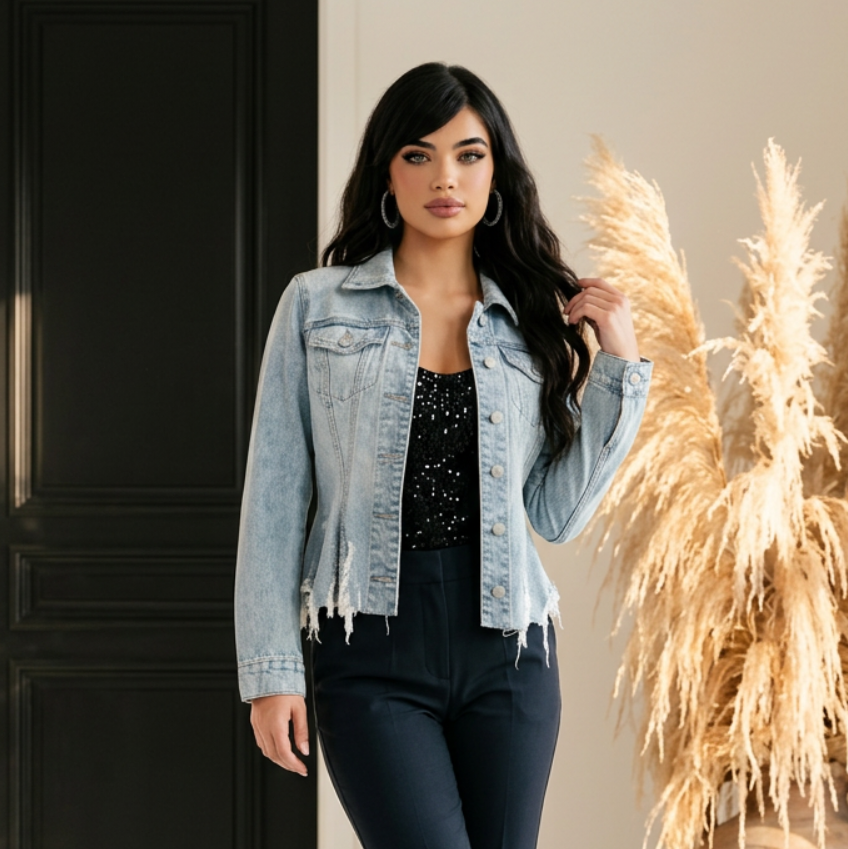 Blank NYC Distressed Peplum Denim Jacket Size Small