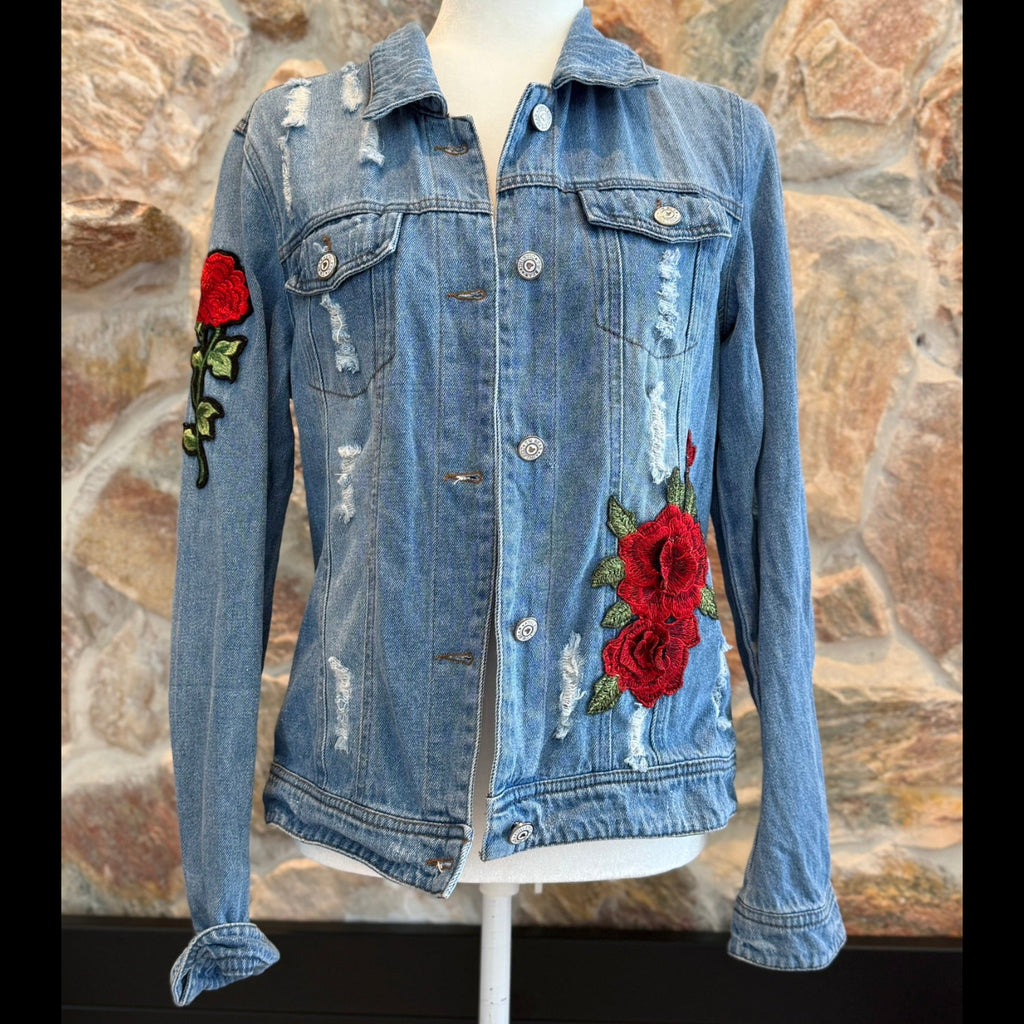 Elan TW Bear Women's Distressed Denim Jean Jacket Floral Patches Size Large