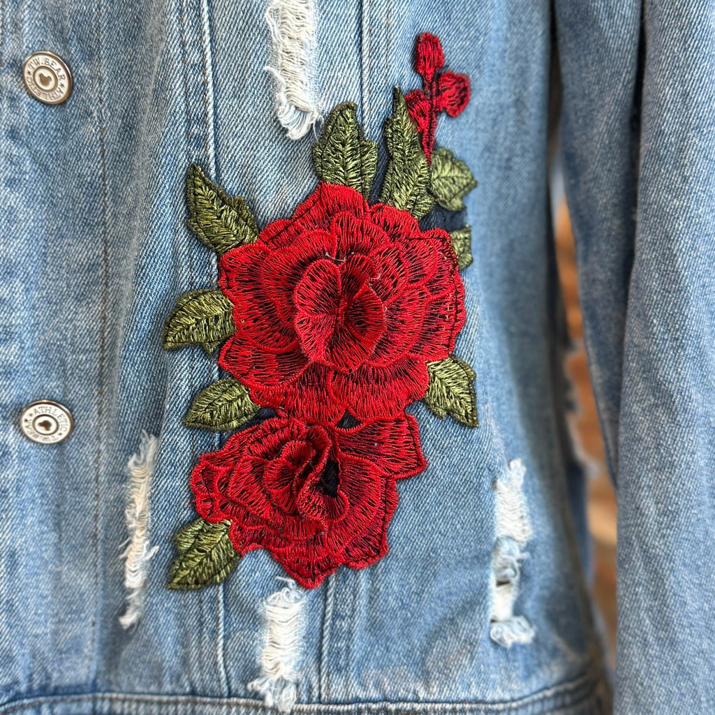 Elan TW Bear Women's Distressed Denim Jean Jacket Floral Patches Size Large