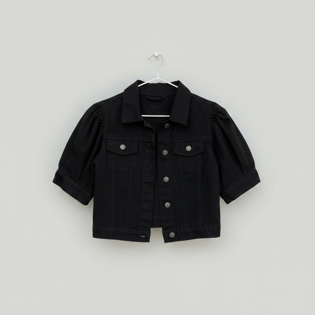 Black Short-Sleeve Puff -Sleeve Denim Jacket Size Medium