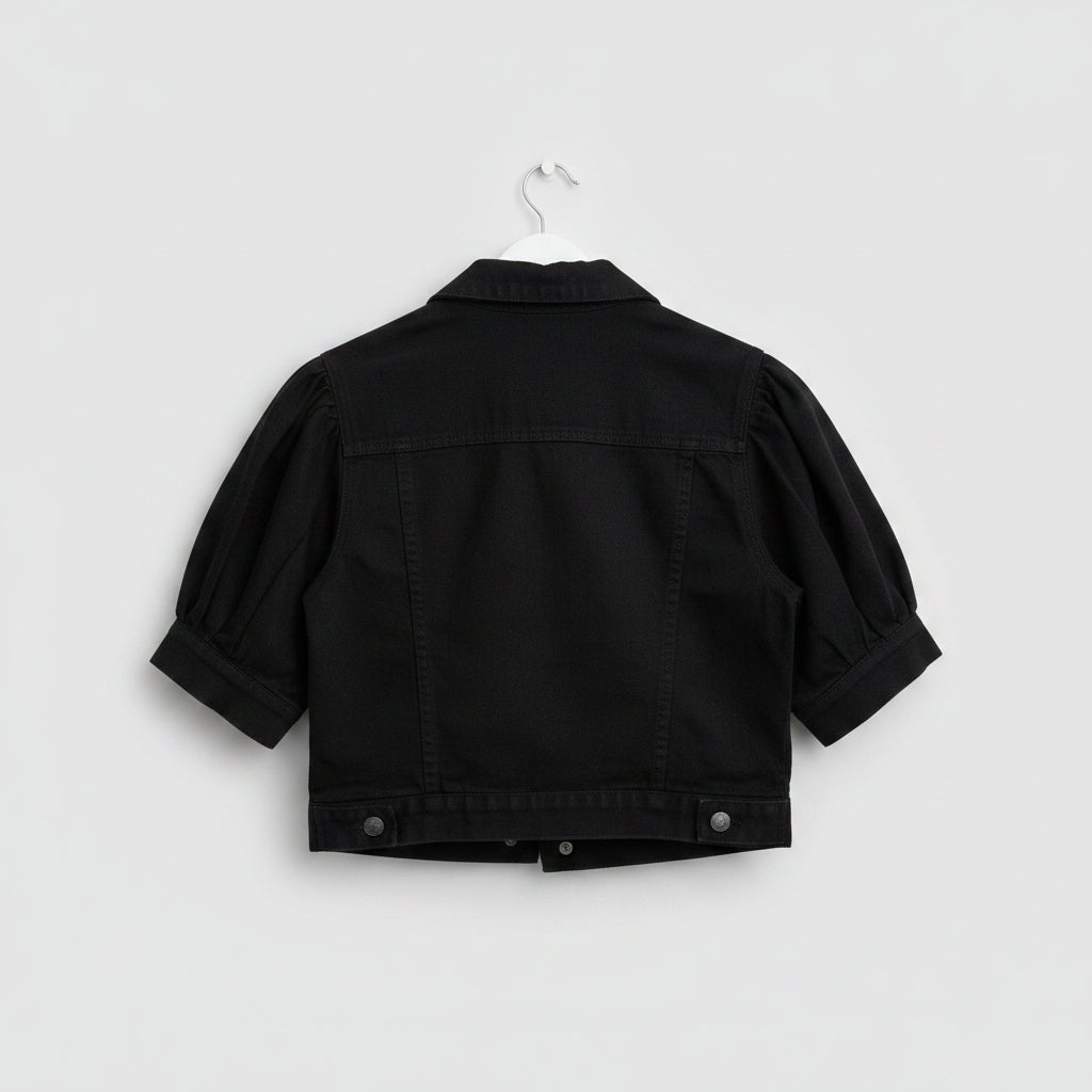 Black Short-Sleeve Puff -Sleeve Denim Jacket Size Medium