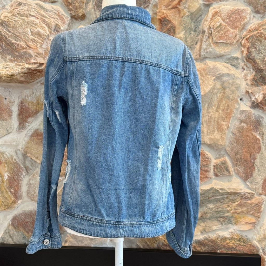 Elan TW Bear Women's Distressed Denim Jean Jacket Floral Patches Size Large