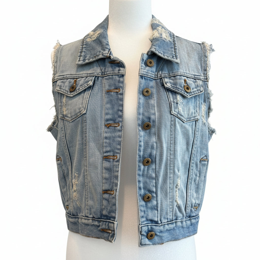 Millau Distressed Light Wash Denim Vest Size Medium