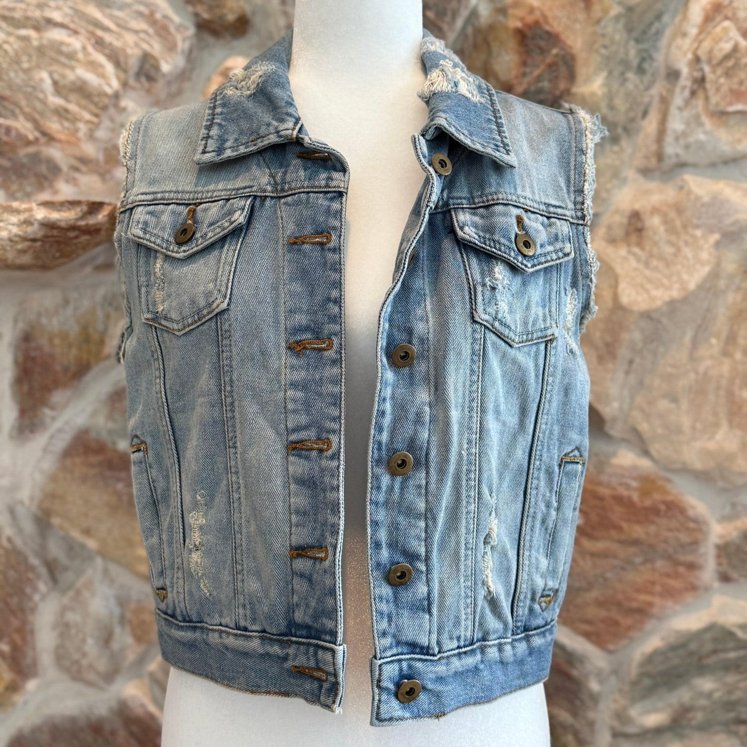 Millau Distressed Light Wash Denim Vest Size Medium