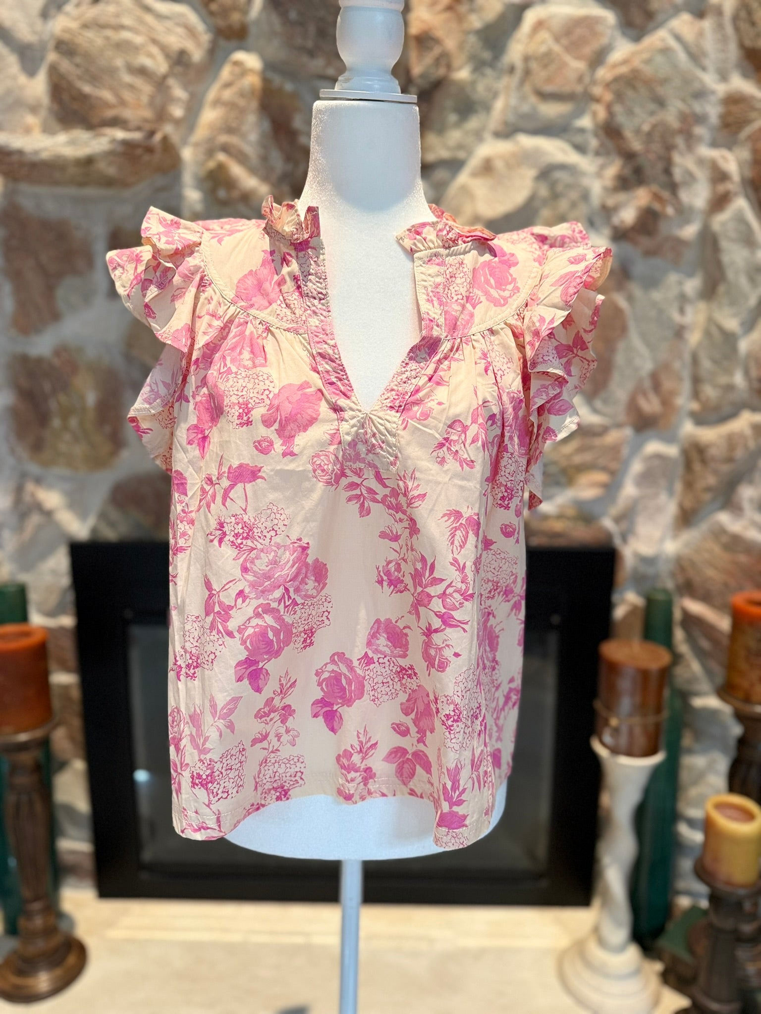Olivaceous Pink Floral Ruffled Blouse