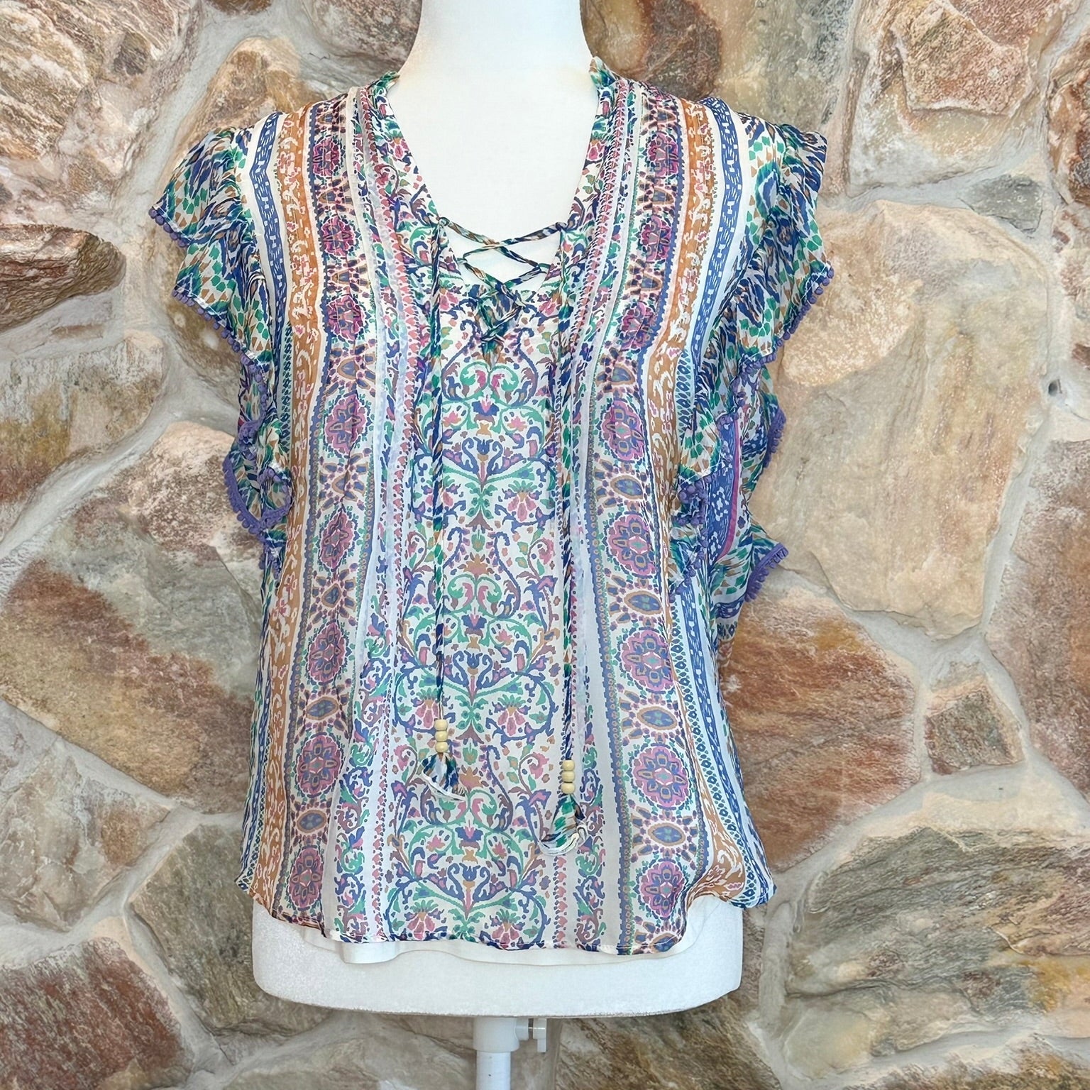 Hale Bob Bohemian Print Lace-Up Blouse Size XS