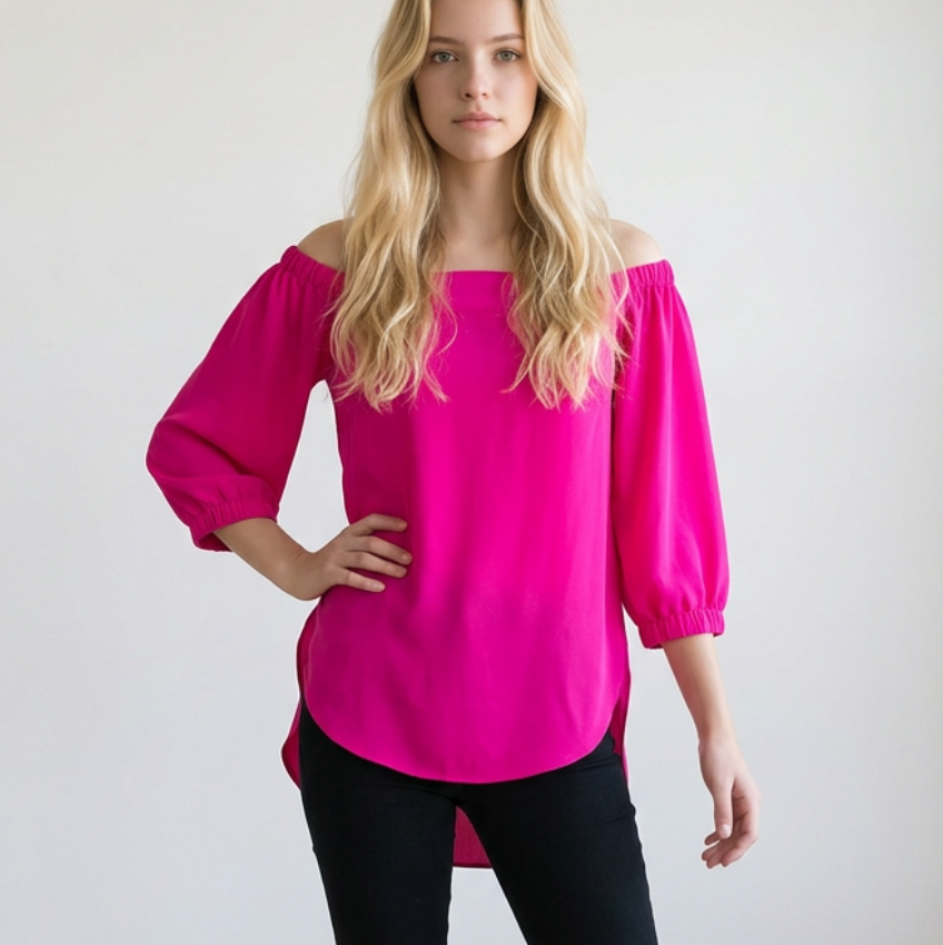 Amanda U. Hot Pink Square Neck Off Shoulder Blouse Size Medium